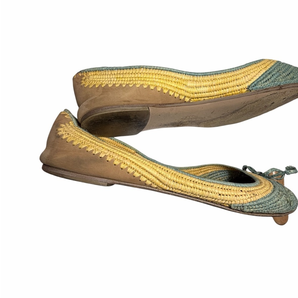 Salvatore Ferragamo tricolor Raffia Green & Tan Bow Ballet Flats Sz 10M - Picture 7 of 16